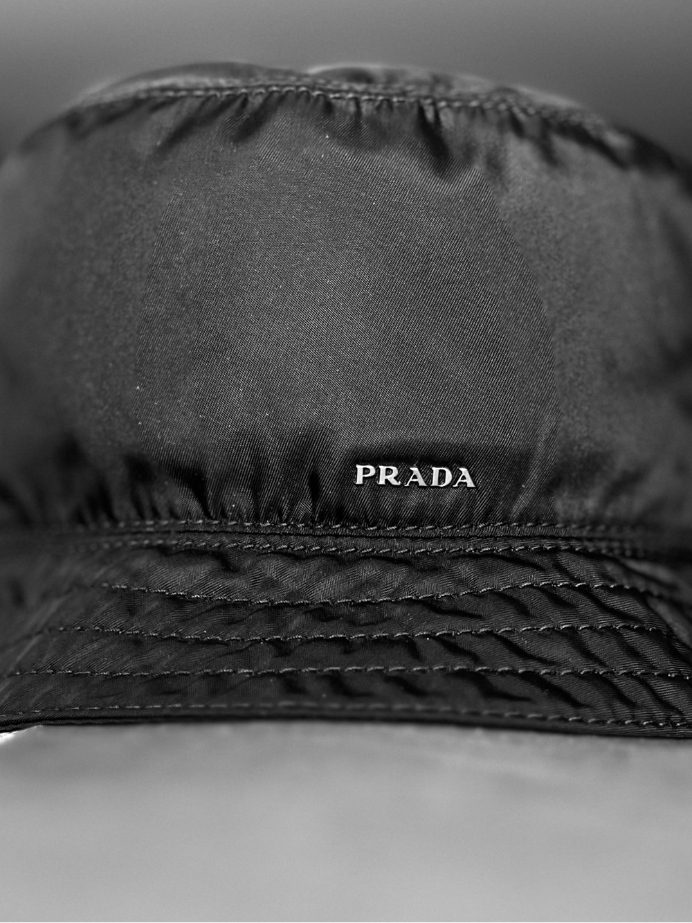 Prada Black Nylon Bucket Hat with Silver Logo